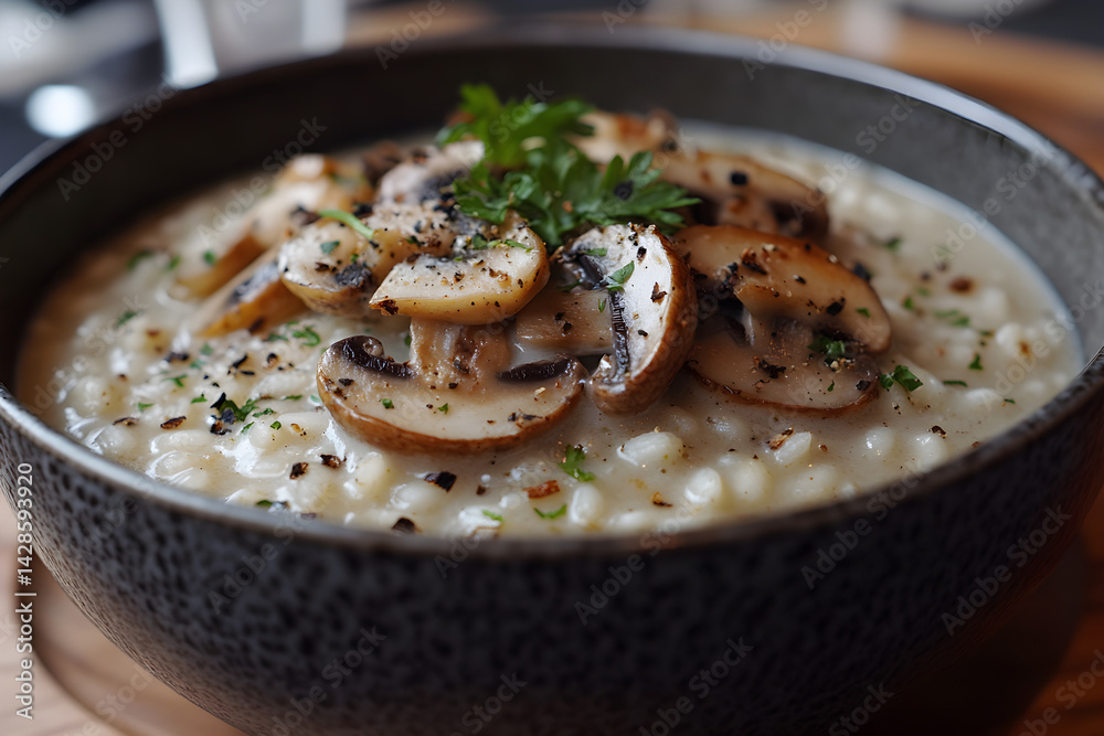 Creamy mushroom risotto served with a garnish of parsley
