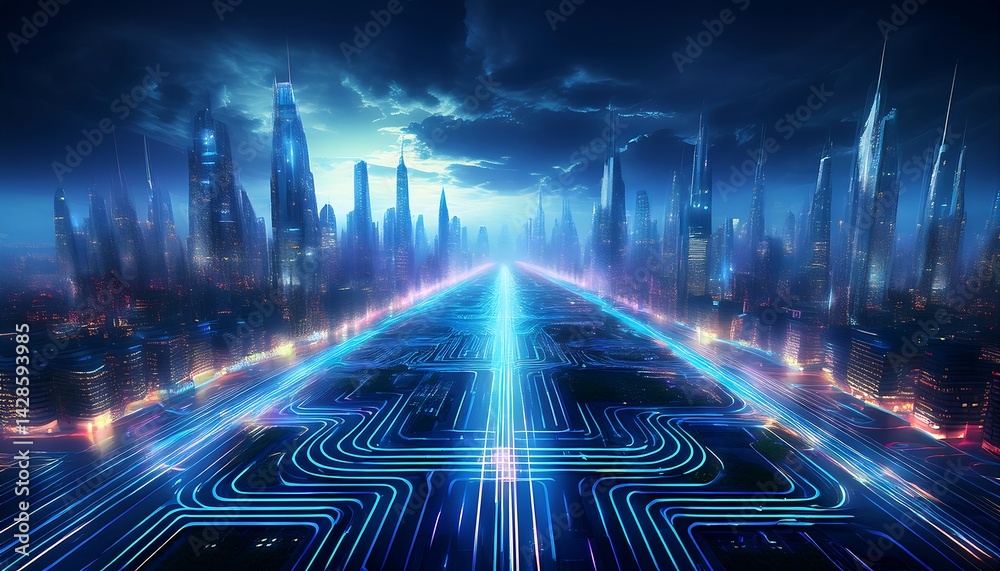Obraz premium Futuristic Highway – A Glimpse into the Neon-Lit Digital Future