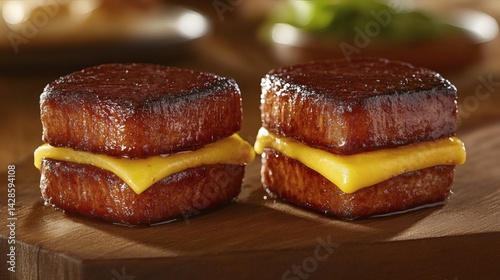 Two miniature, savory, cheese-filled, grilled meat sandwiches.