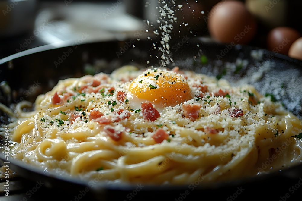 Creamy pasta carbonara with egg, cheese, and pancetta