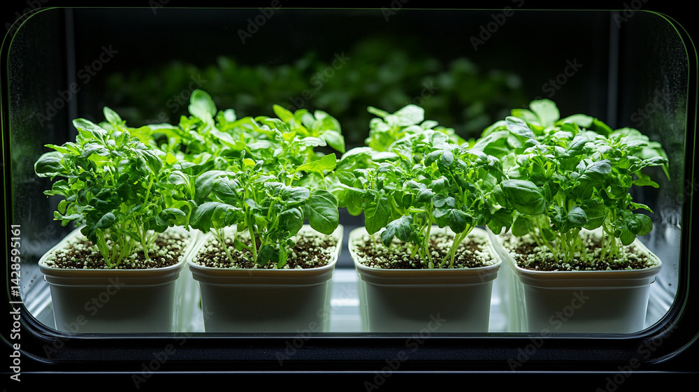 Four herb containers under grow light Four herb containers under grow light