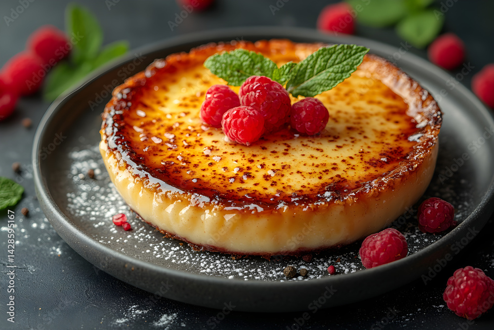 Creme Brulee styled on dark grey background with clean plating and props
