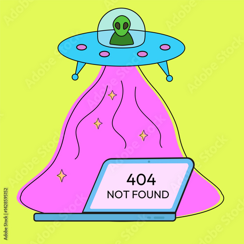 Sci-fi UFO hovering over laptop with '404 Not Found' error on pink and green background.