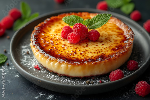 Obraz na płótnie Creme Brulee styled on dark grey background with clean plating and props w salonie