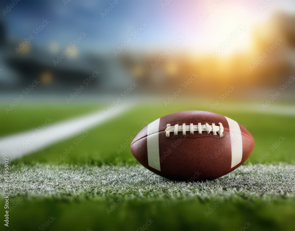An American football on the field with white lines, a blurred background of green grass in the stadium An American football on the field with white lines, a blurred background of green grass in the stadium