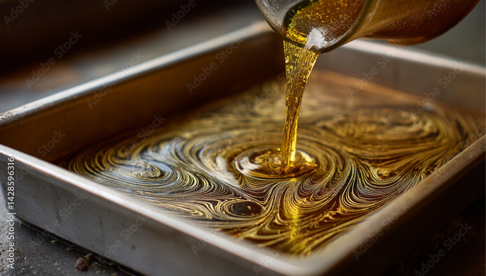 A close-up shot shows a thick, yellow liquid being poured from a metal container into a rectangular metal tray, creating a swirling pattern upon impact with copy space for text