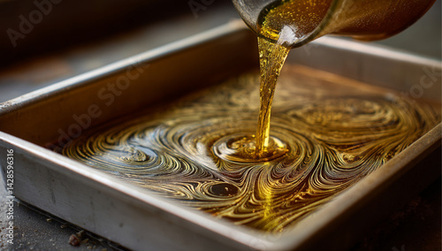 Obraz na płótnie A close-up shot shows a thick, yellow liquid being poured from a metal container into a rectangular metal tray, creating a swirling pattern upon impact with copy space for text w salonie