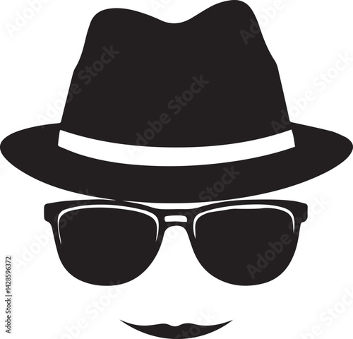 Mystery Man: The enigmatic silhouette of a man, defined by fedora, sunglasses, and a meticulously shaped mustache, evoking the classic allure of a detective or spy