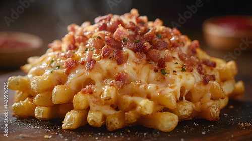 Obraz na płótnie Crinkle cut fries piled high with cheese and bacon bits w salonie