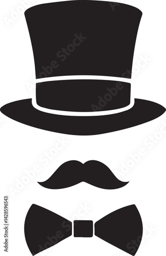 Gentleman's Accessories:  A simple and stylish black top hat, mustache, and bowtie.  The silhouette design offers a clean and classic aesthetic.