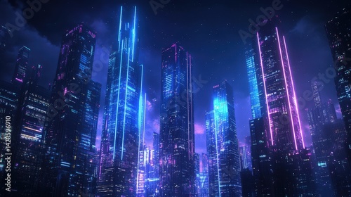 Wallpaper Mural A futuristic cityscape at night, featuring towering skyscrapers with blue and purple neon lights cutting through the darkness. Torontodigital.ca