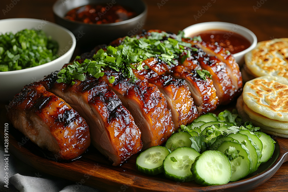 Crispy Peking duck served with cucumber, scallions, and pancakes
