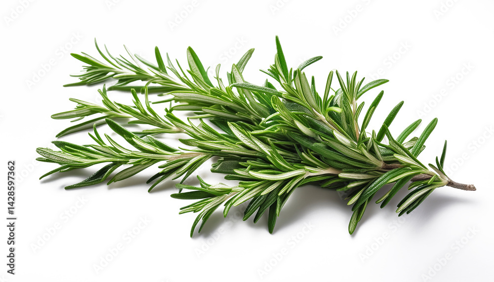 Fototapeta premium Fresh rosemary branches artfully arranged against a clean white backdrop, highlighting their lush green color and natural texture. Perfect for culinary, botanical, or wellness-related projects