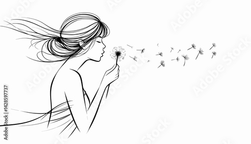 Girl blowing dandelion seeds, soft flowing lines, gentle and elegant pose, clean white background