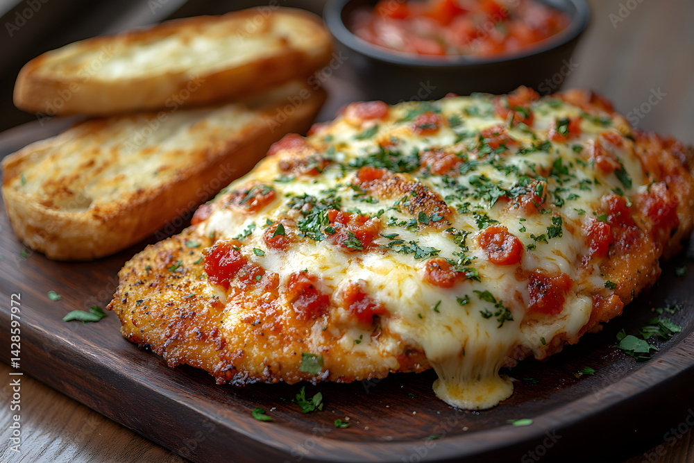 Crispy chicken Parmesan topped with melted cheese and a side of garlic bread