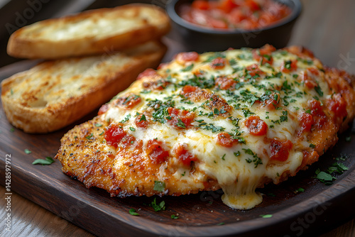 Obraz na płótnie Crispy chicken Parmesan topped with melted cheese and a side of garlic bread w salonie