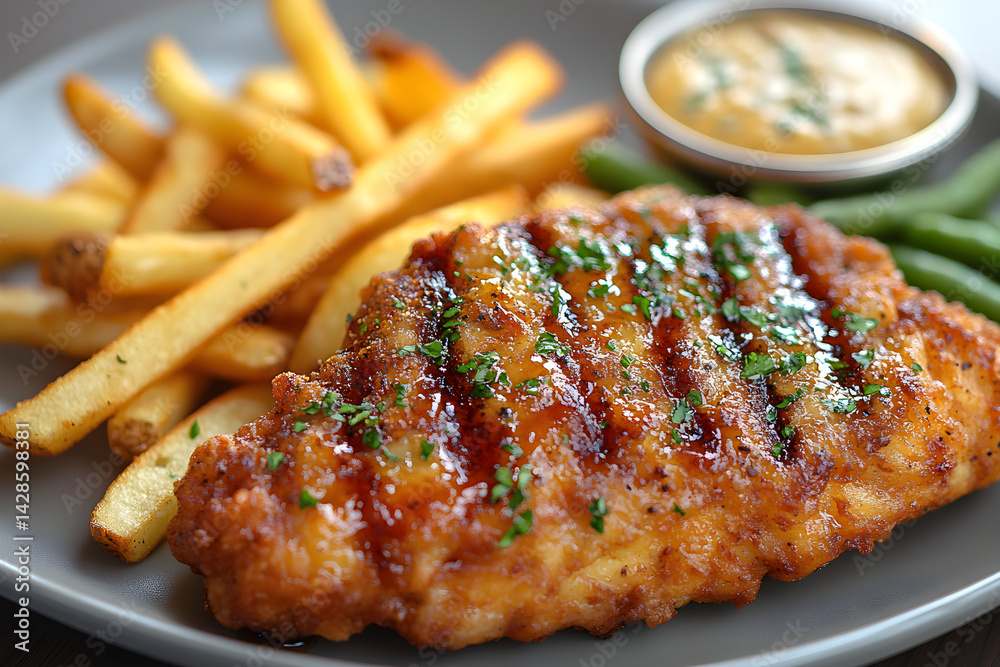 Crispy chicken fried steak served with a side of green beans and fries