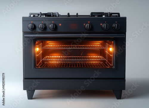 High-quality hyper-realistic image of modern kitchen oven with illuminated interior isolated on white background