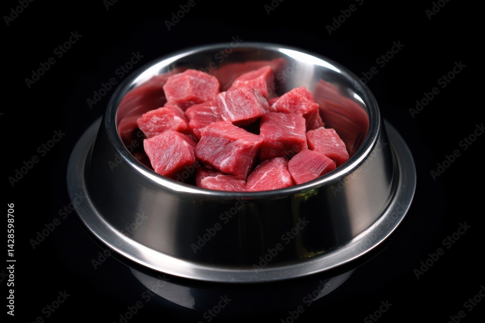 Cubed raw beef in a dog bowl on a black background, top view. Pet food concept