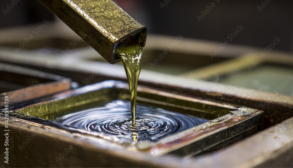 A close-up shot shows a thick, yellow liquid being poured from a metal container into a rectangular metal tray, creating a swirling pattern upon impact with copy space for text