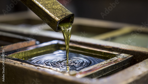 Obraz na płótnie A close-up shot shows a thick, yellow liquid being poured from a metal container into a rectangular metal tray, creating a swirling pattern upon impact with copy space for text w salonie