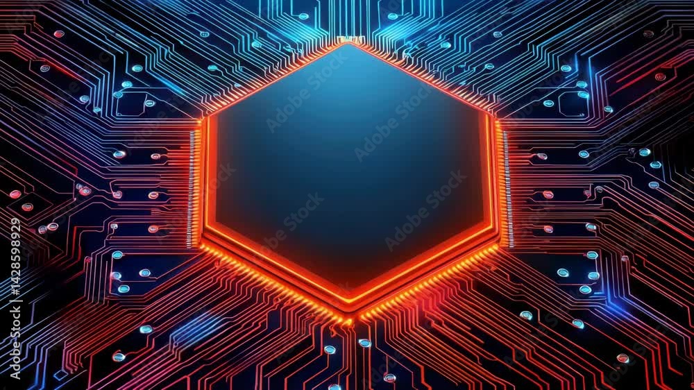 Abstract Hexagon Circuit Board Technology Background Glowing Red and Blue Lines