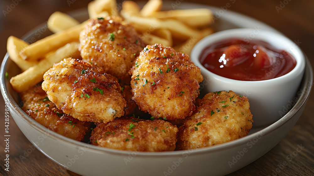 Crispy chicken nuggets served with dipping sauces and golden fries