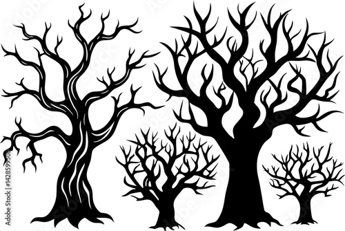 Four Silhouetted Bare Trees Against a White Background