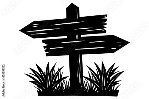 Simple black and white wooden directional signpost.