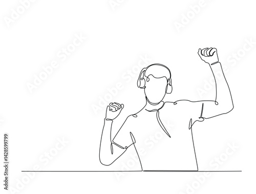 Continuous one line drawing of happy man wearing headphone. Man listening music on headphones or earphones illustration. Editable vector.