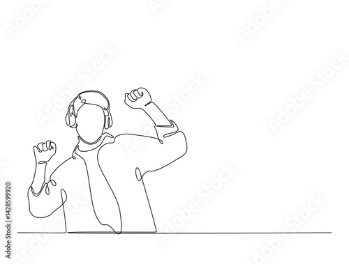 Continuous one line drawing of happy man wearing headphone. Man listening music on headphones or earphones illustration. Editable vector.