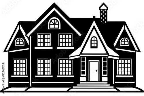 Classic Black and White Illustration of a Large, Elegant House