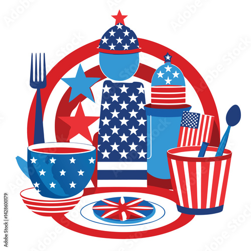 American patriotic tableware set  vector isolated on white background