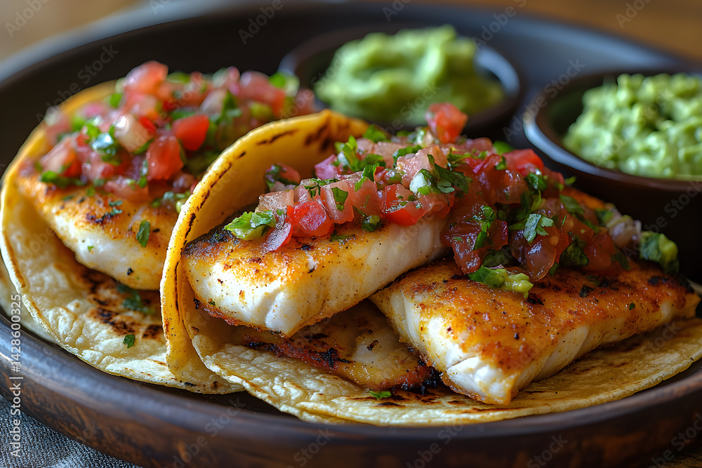 Crispy fish tacos topped with fresh salsa and a side of guacamole