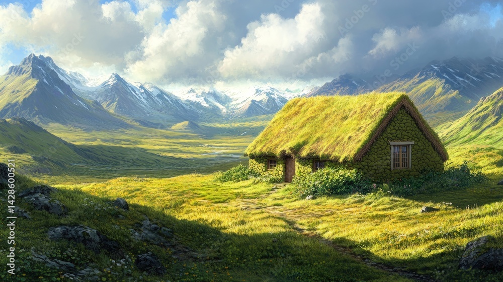 Peaceful mountain home with a grassy roof Peaceful mountain home with a grassy roof