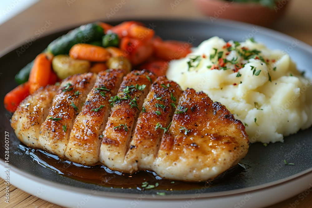 Crispy pork schnitzel with mashed potatoes and a side of vegetables