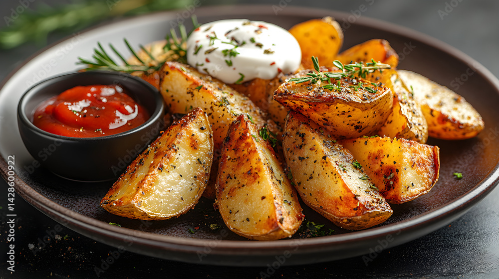 Crispy potato wedges served with ketchup and sour cream on a rustic plate
