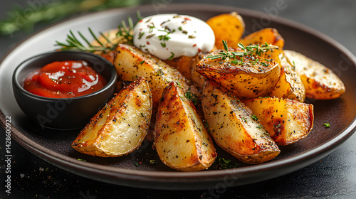 Obraz na płótnie Crispy potato wedges served with ketchup and sour cream on a rustic plate w salonie