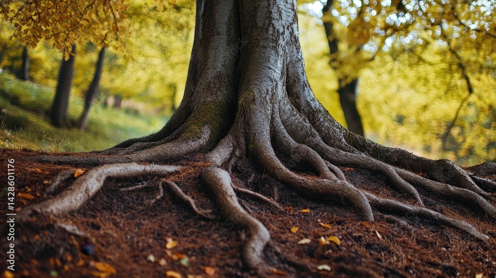 A tree with roots shaped like hands, reaching out as if grasping the earth A tree with roots shaped like hands, reaching out as if grasping the earth