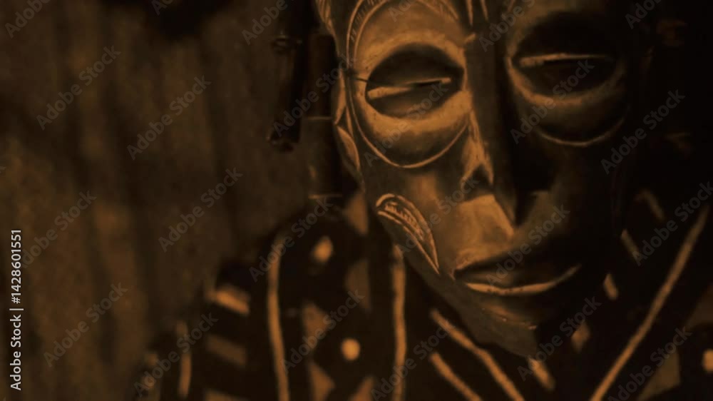Danse rituelle nocturne avec masques Dogon autour d’un feu — scène mystique et culturelle en Afrique de l’Ouest avec gros plans sur les masques et les flammes traditionnelles