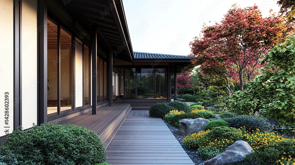 Obraz premium Tranquil bamboo garden tea ceremony japan traditional architecture serene nature wide angle elegant design