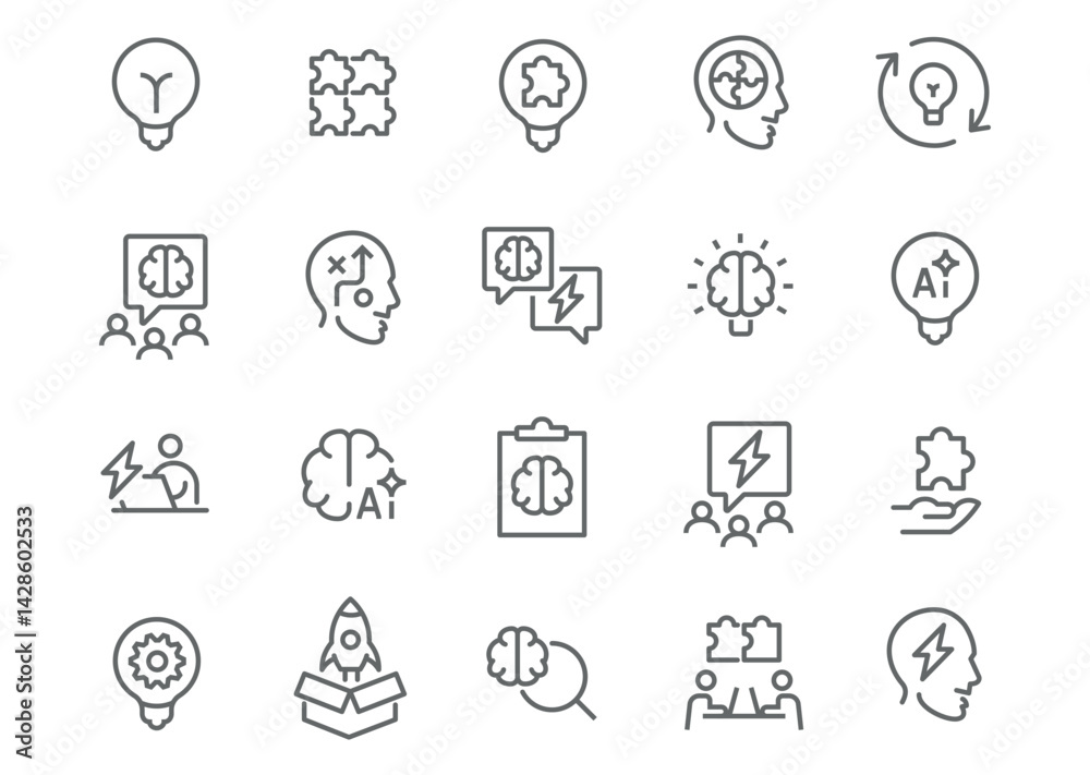 Editable vector icon set on the theme of brain, AI, and technology. Icons represent symbols of ideas, neural networks, energy, and thought processes Editable vector icon set on the theme of brain, AI, and technology. Icons represent symbols of ideas, neural networks, energy, and thought processes