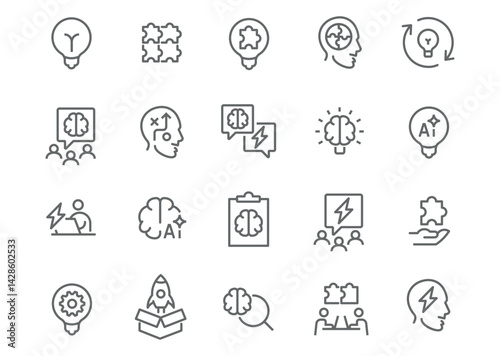 Editable vector icon set on the theme of brain, AI, and technology. Icons represent symbols of ideas, neural networks, energy, and thought processes