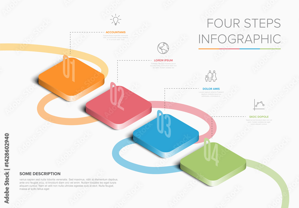 Four multipurpose pastel isometry Steps Infographic template with descriptions and icons on light background