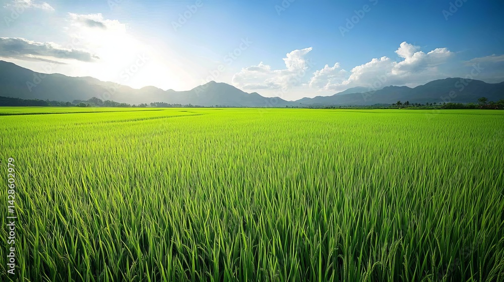 Fototapeta premium Serene Green Rice Paddy Field Landscape Under Sunny Sky Bright Lush Vibrant Natural Scenery Tranquil Peaceful Idyllic Rural Agricultural Farmland Beautiful Nature View Blue Vast Image Photo Fresh 