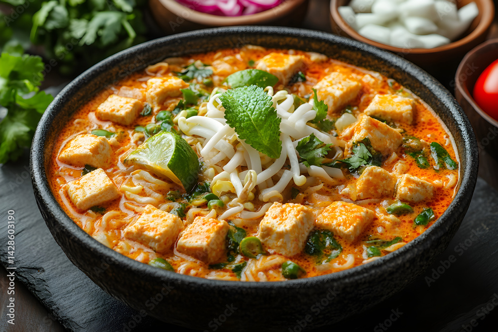 Curry Laksa styled on rustic black stone table with side ingredients