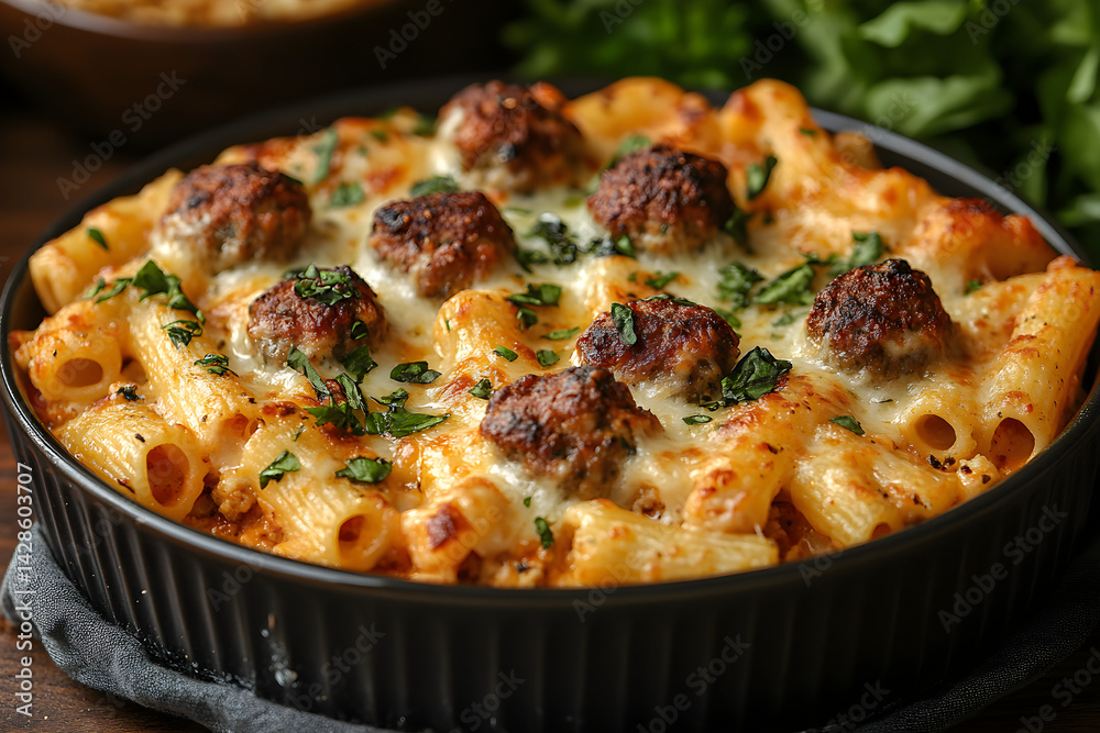 Delicious baked ziti with meatballs and melted cheese