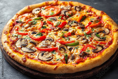 Obraz na płótnie Delicious vegetarian pizza with mushrooms, peppers, and cheese w salonie