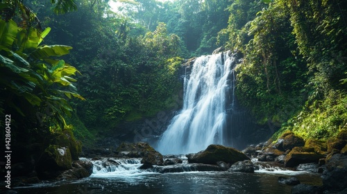 A tropical waterfall hidden in the heart of the jungle, surrounded by lush greenery