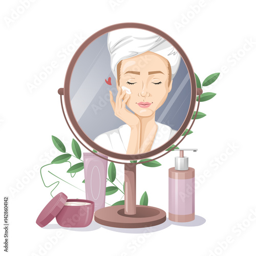 Woman applying face cream looking in mirror